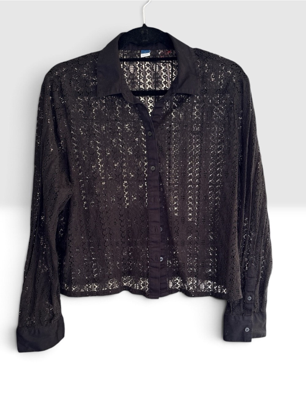 Old Navy Black Lace Button Front Blouse Large Sheer Floral Long Sleeve